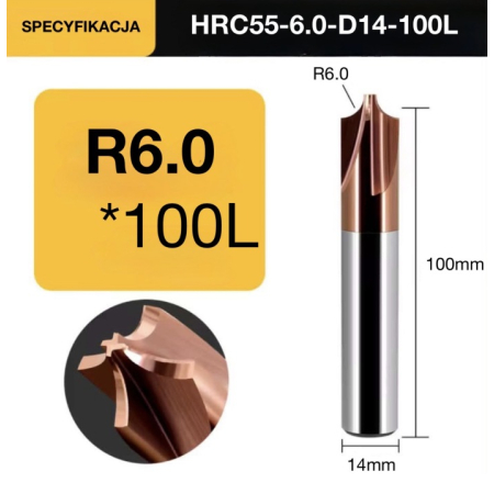 Frez ćwiartkowy wklęsły węglikowy VHM CNC R 6 4Z fi14 L100
